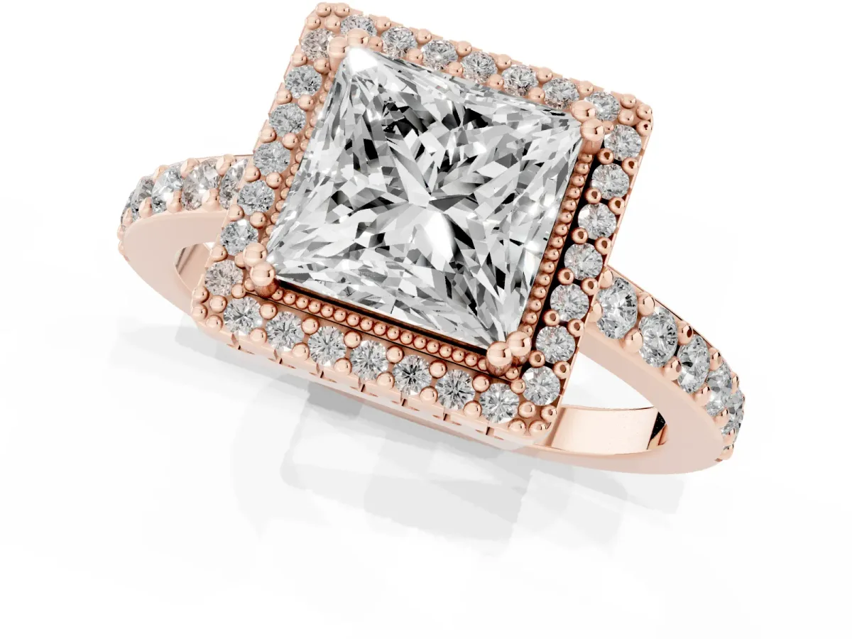 Princess Cut Cut Diamond Halo Engagement Ring with Milgrain Detail and Pavé Band Rose gold