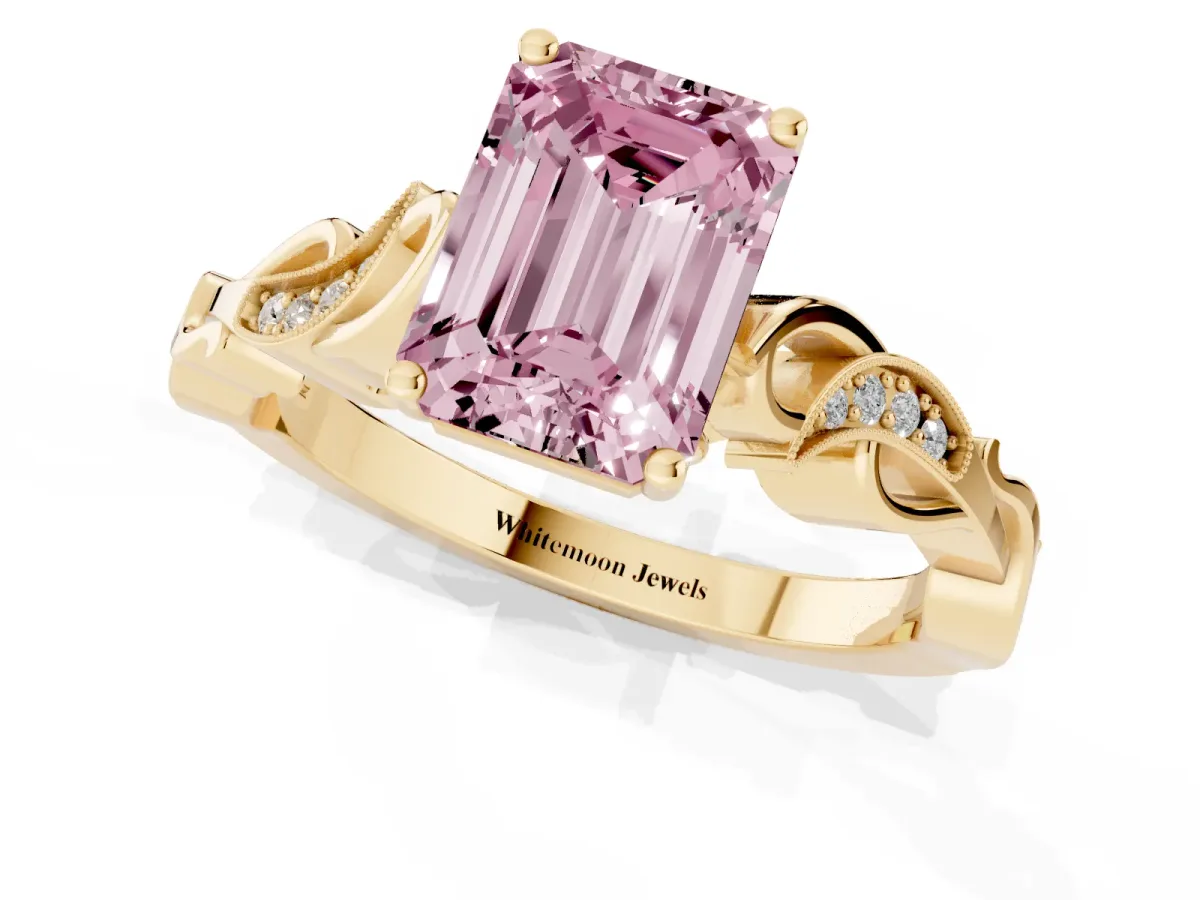 Fancy Pink Emerald Cut Solitaire Vine Band with Milgrain Prong Setting Yellow gold