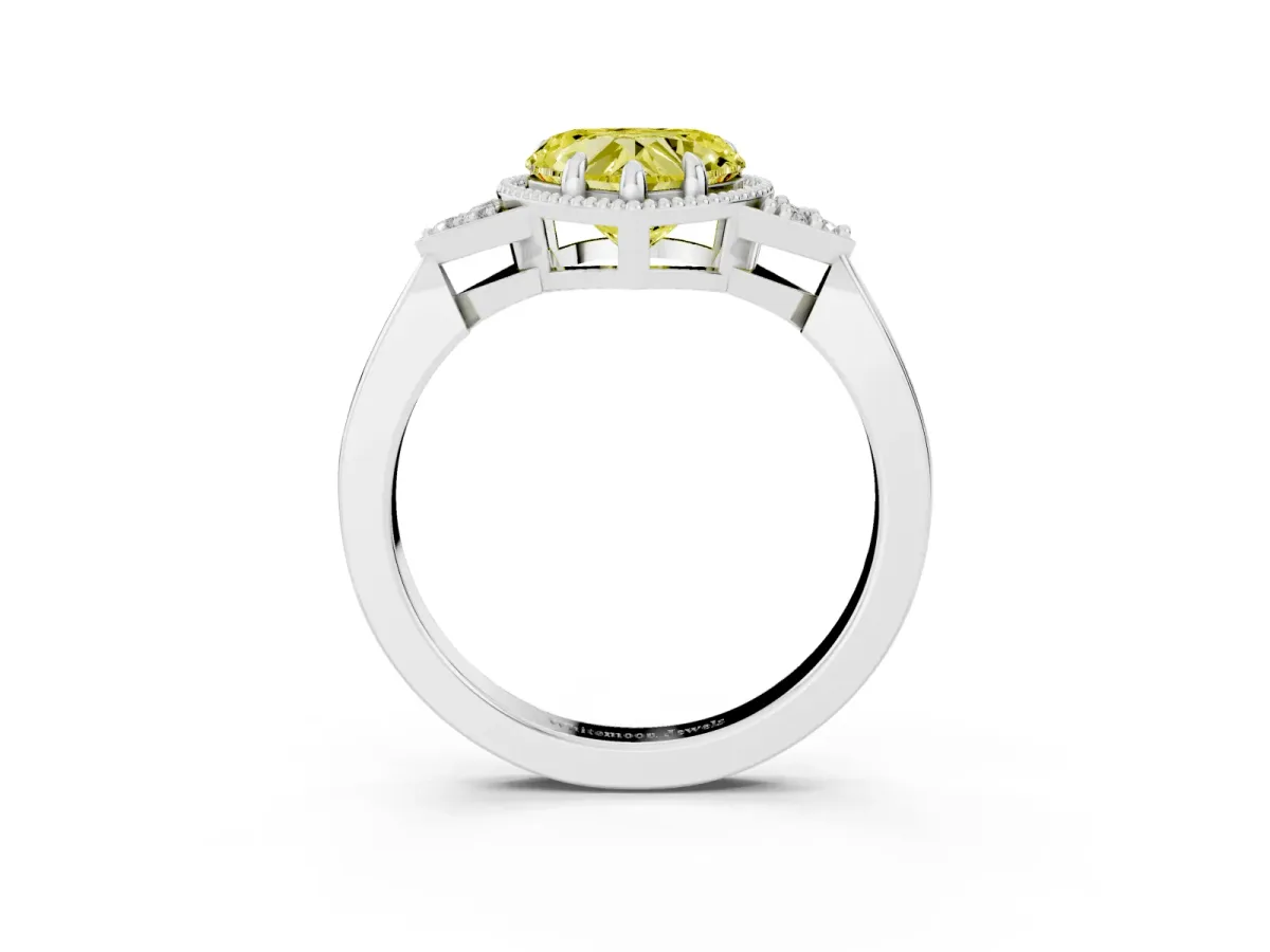 Fancy Yellow Milgrain Heart Cut Cut Diamond Ring with Tapered Pave Band and Four Prong Setting Silver