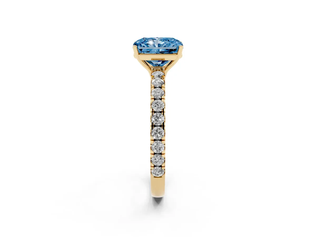 Fancy Blue Radiant Cut Diamond Pavé Solitaire Engagement Ring with Four-Prong Setting Yellow gold
