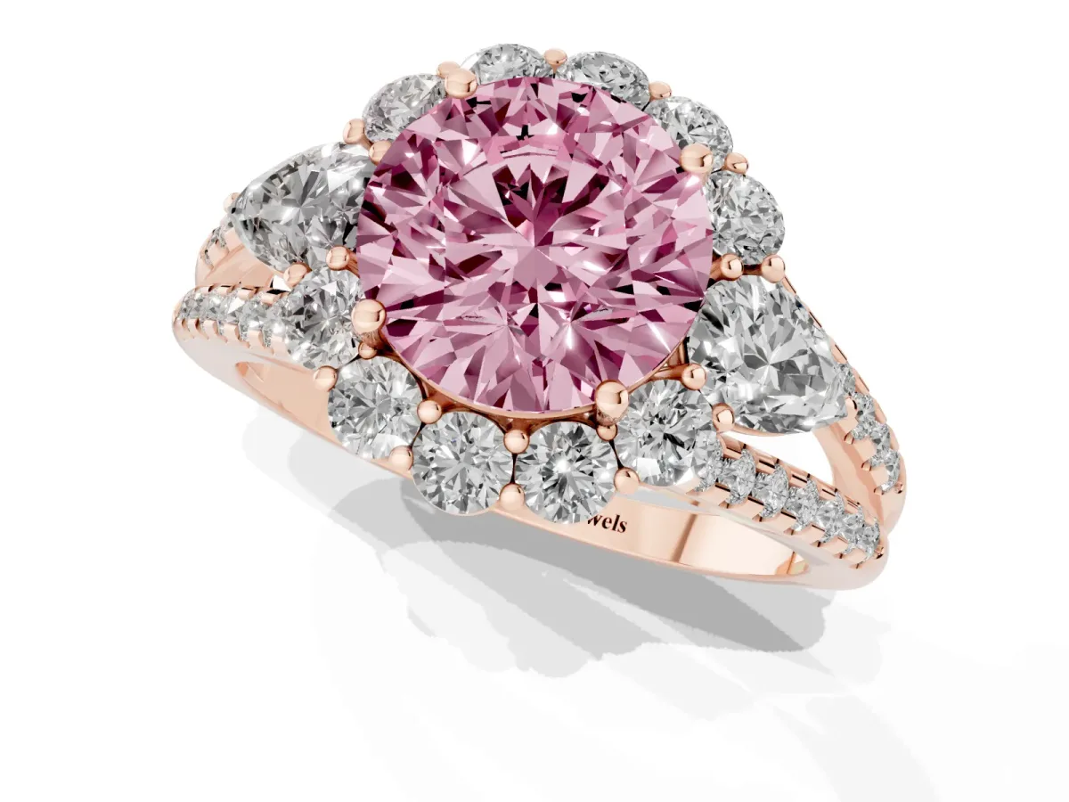 Fancy Pink Round Cut Halo Split Shank Diamond Engagement Ring with Prong Setting Rose gold