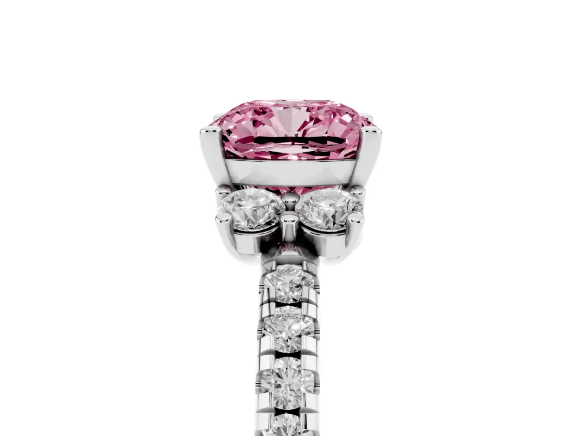 Fancy Pink Cushion Cut Diamond Three-Stone Pave Band with Four-Prong Setting Silver