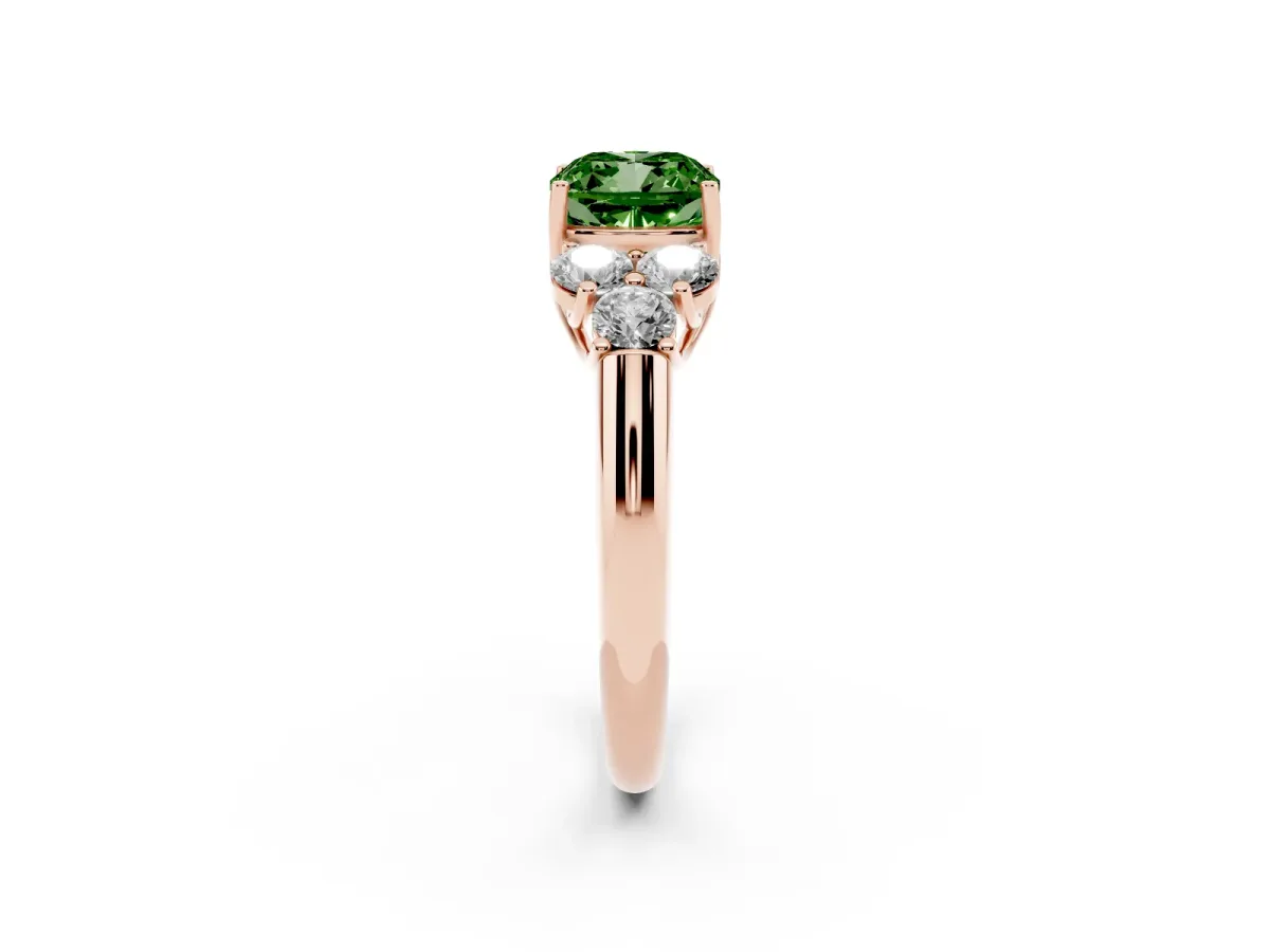 Fancy Green Cushion Cut Cut Diamond Cluster Ring with Round Accent Stones and Prong Setting on a Classic Band Rose gold