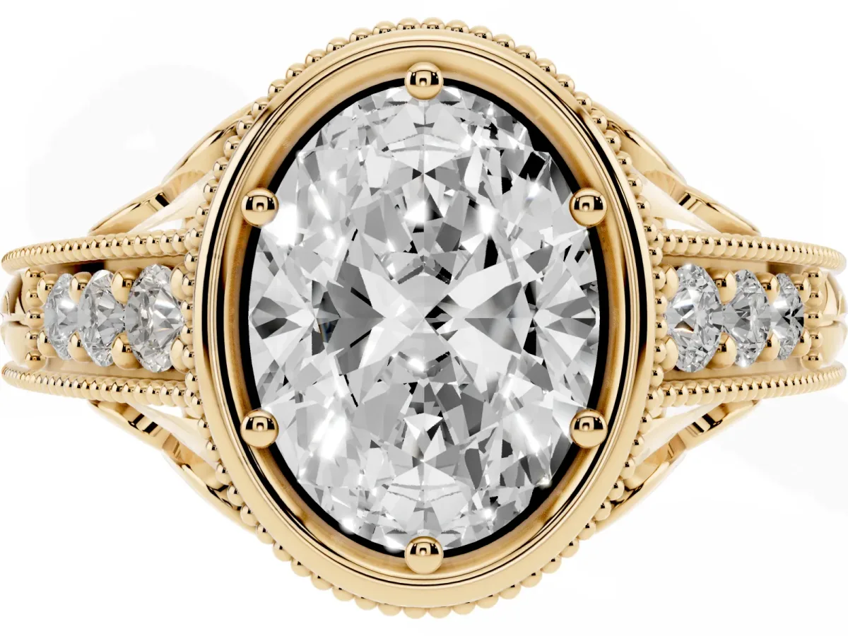 Bezel Set Oval Cut Diamond Milgrain Pave Engagement Ring Yellow gold