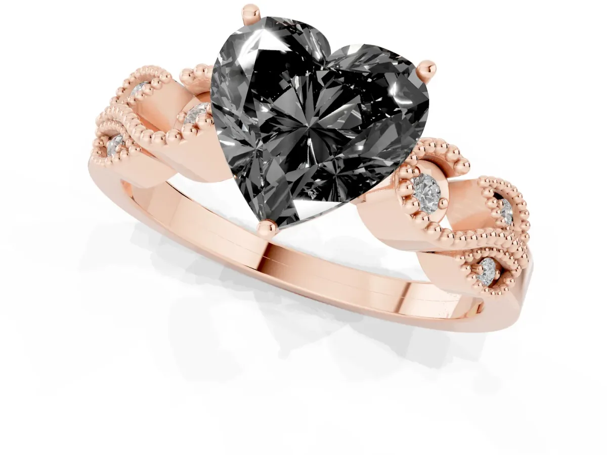 Fancy Black Heart Cut Solitaire Milgrain Leaf Band with Prong Setting Rose gold