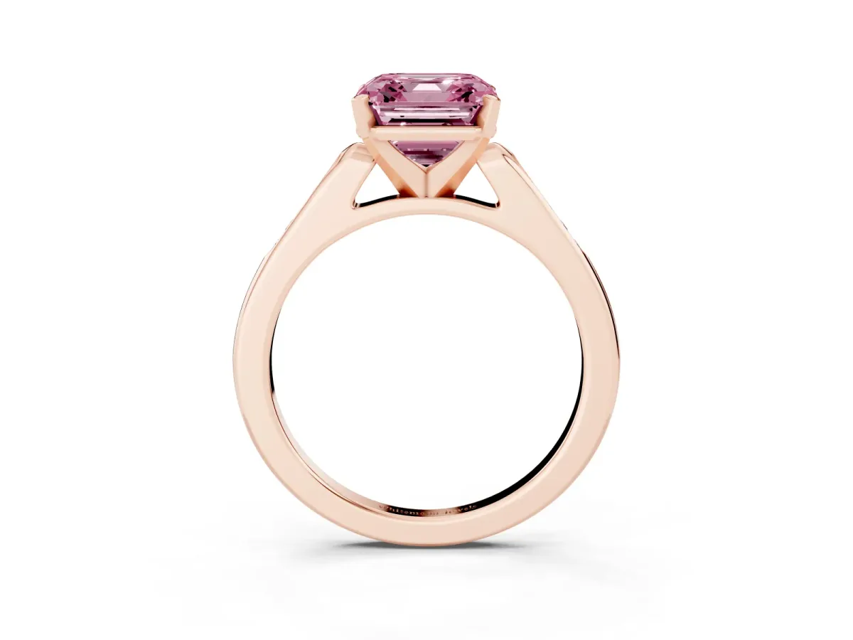 Fancy Pink Asscher Cut Diamond Solitaire Ring with Channel Set Round Band and Prong Setting Rose gold