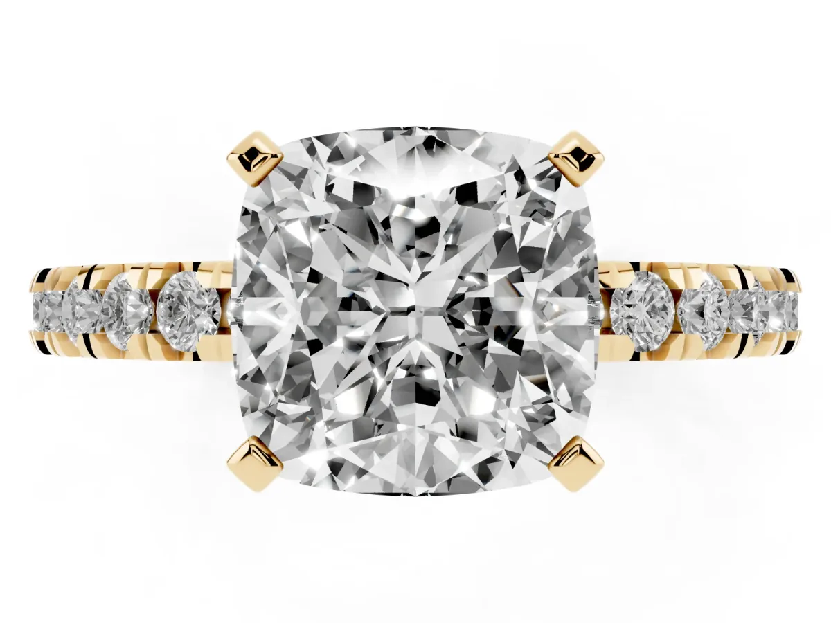 Cushion Cut Diamond Pavé Band Solitaire with Four-Prong Setting Yellow gold