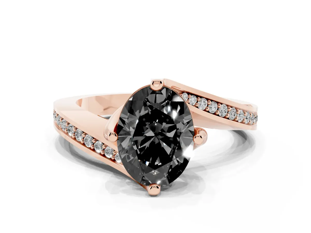 Fancy Black Oval Cut Solitaire Diamond Twist Band with Pavé Setting and Four-Prong Setting Rose gold