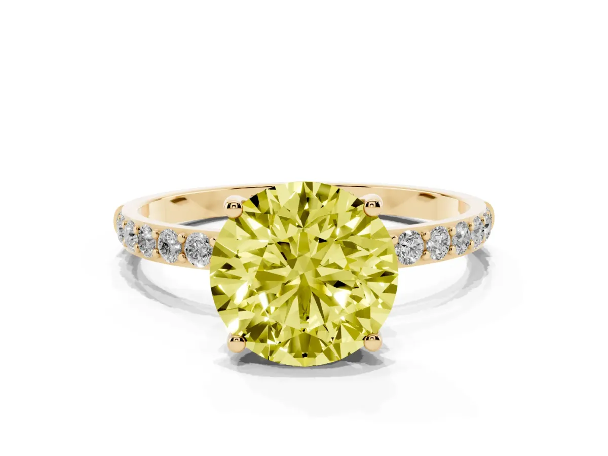 Fancy Yellow Round Cut Diamond Solitaire Ring with Round Pavé Shoulders and Prong Setting Yellow gold