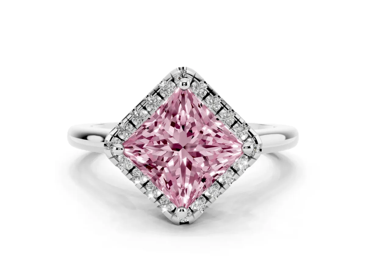 Fancy Pink Princess Cut Halo Round Diamond Solitaire Engagement Ring with Pave Band and Four-Prong Setting Platinum
