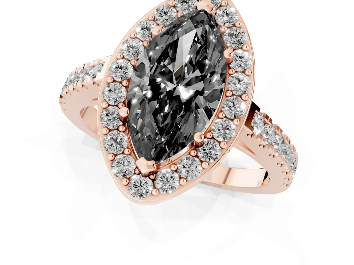 Fancy Black Marquise Cut Diamond Halo Ring with Round Pavé Split Shank and Prong Setting Rose gold