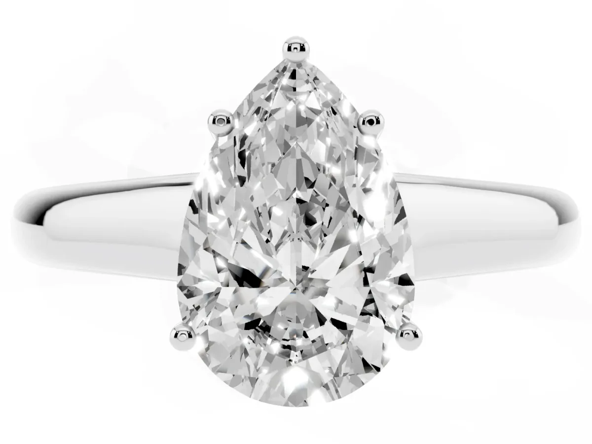 Pear Cut Solitaire Engagement Ring with Tapered Band and Four-Prong Setting White gold