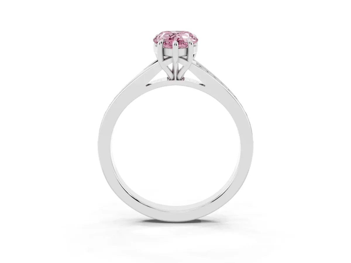 Fancy Pink Pear Cut Diamond Solitaire Ring with Pavé Band and Prong Setting Silver