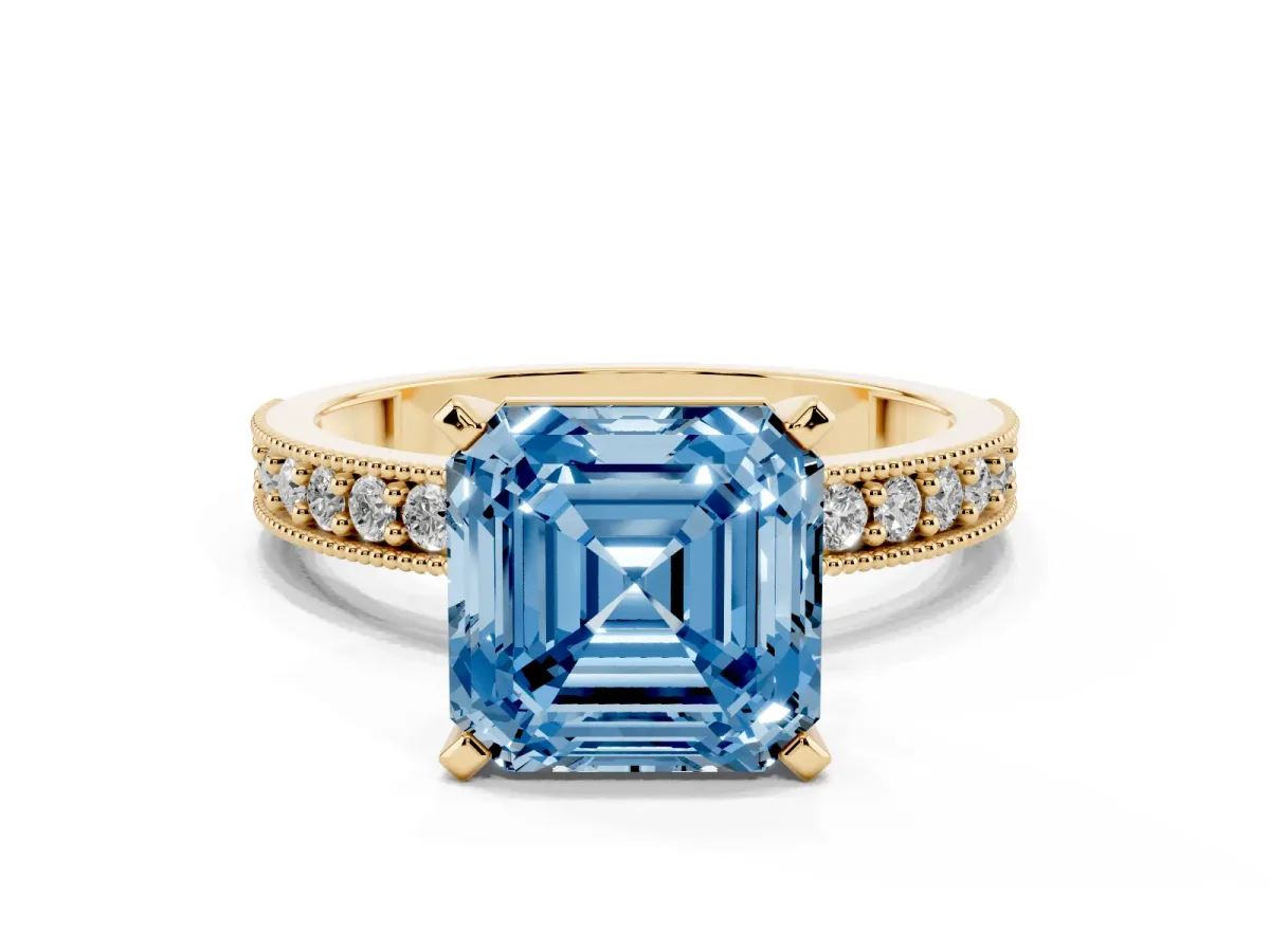 Fancy Blue Asscher Cut Diamond Milgrain Pavé Engagement Ring with Four-Prong Setting Yellow gold