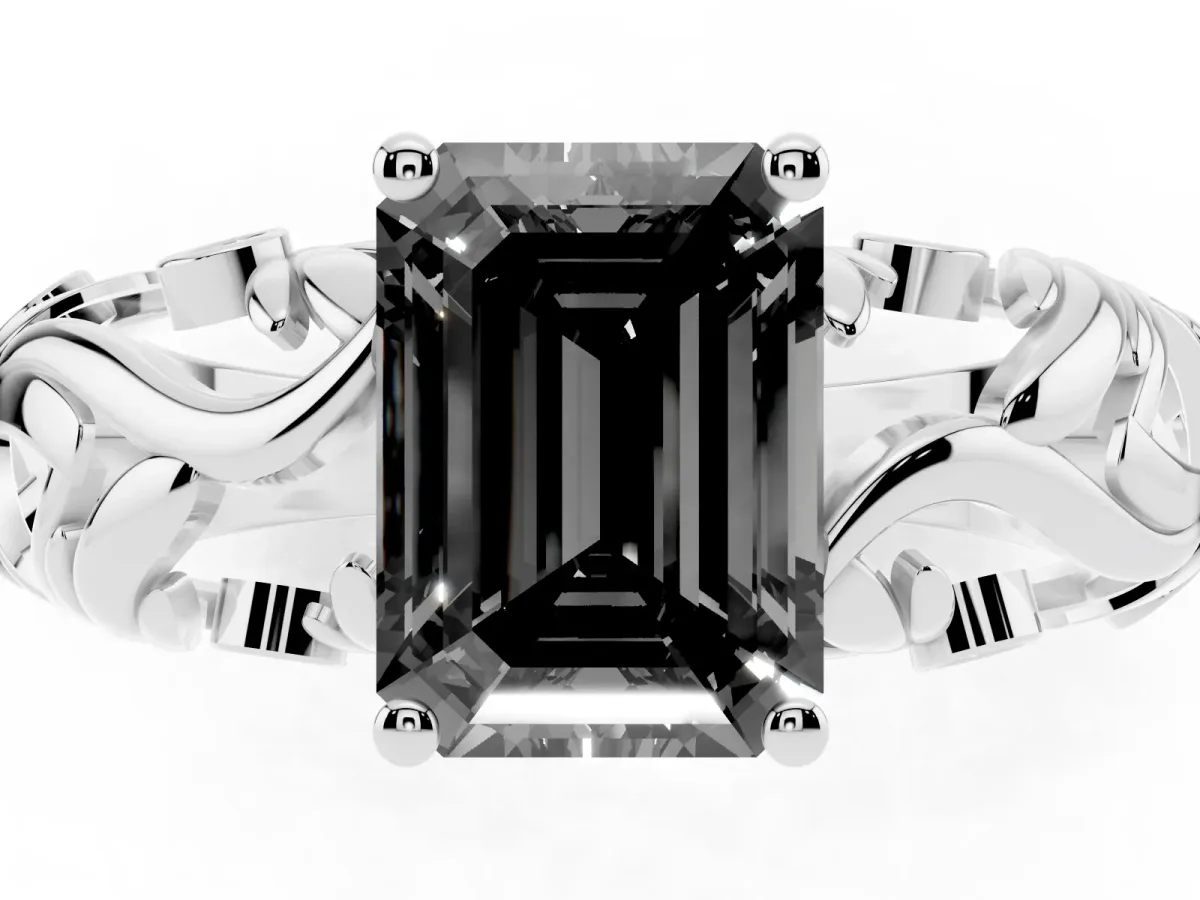 Fancy Black Emerald Cut Solitaire Diamond Leaf-Inspired Vine Band Ring with Prong Setting White gold