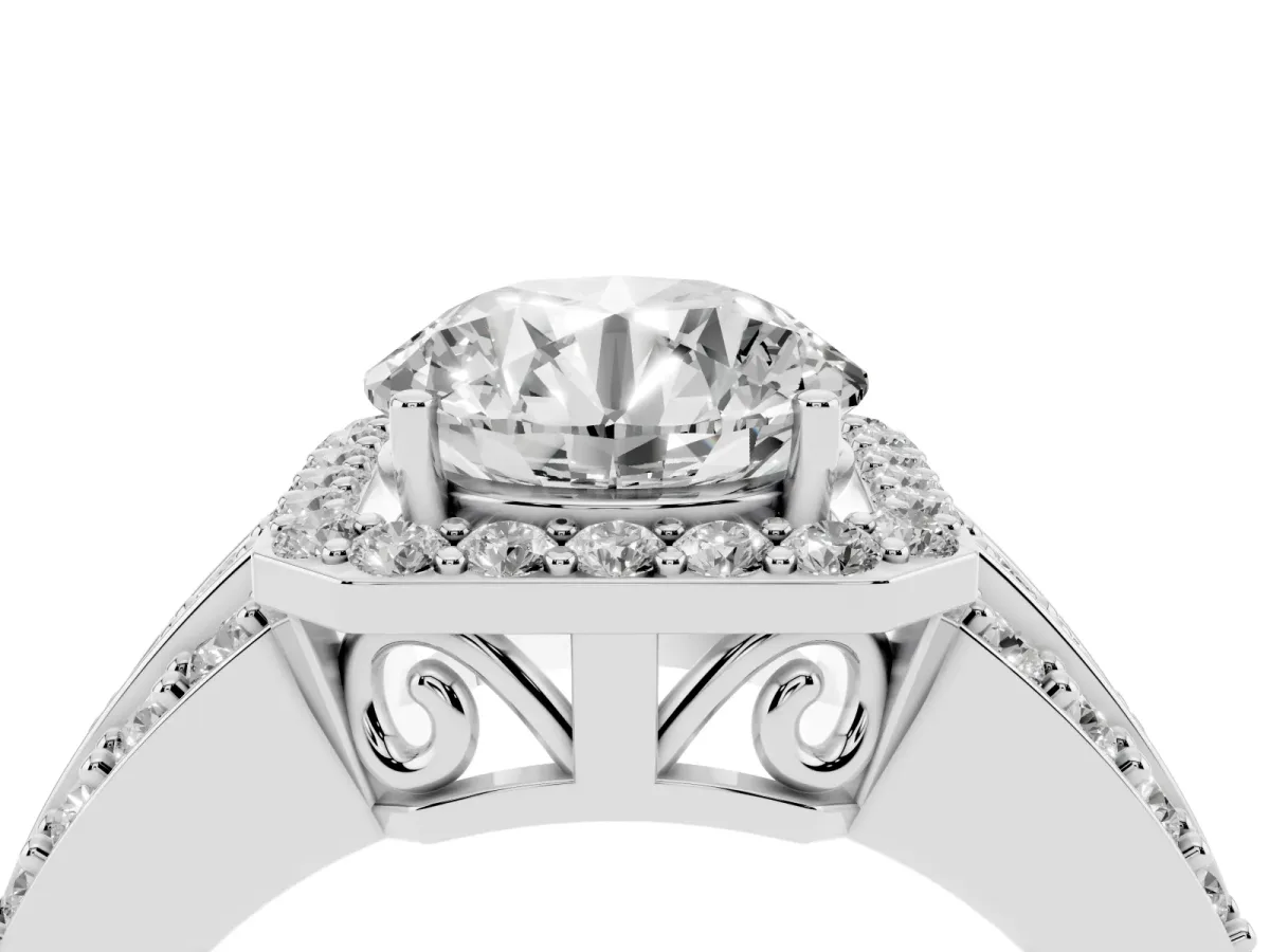 Round Cut Halo Diamond Ring with Round Split Shank and Prong Setting Silver