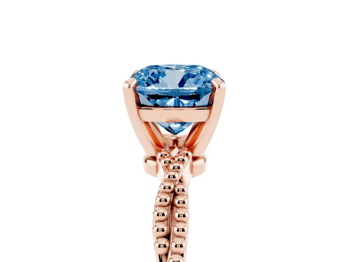 Fancy Blue Cushion Cut Solitaire Twisted Band with Bead Prong Setting Rose gold