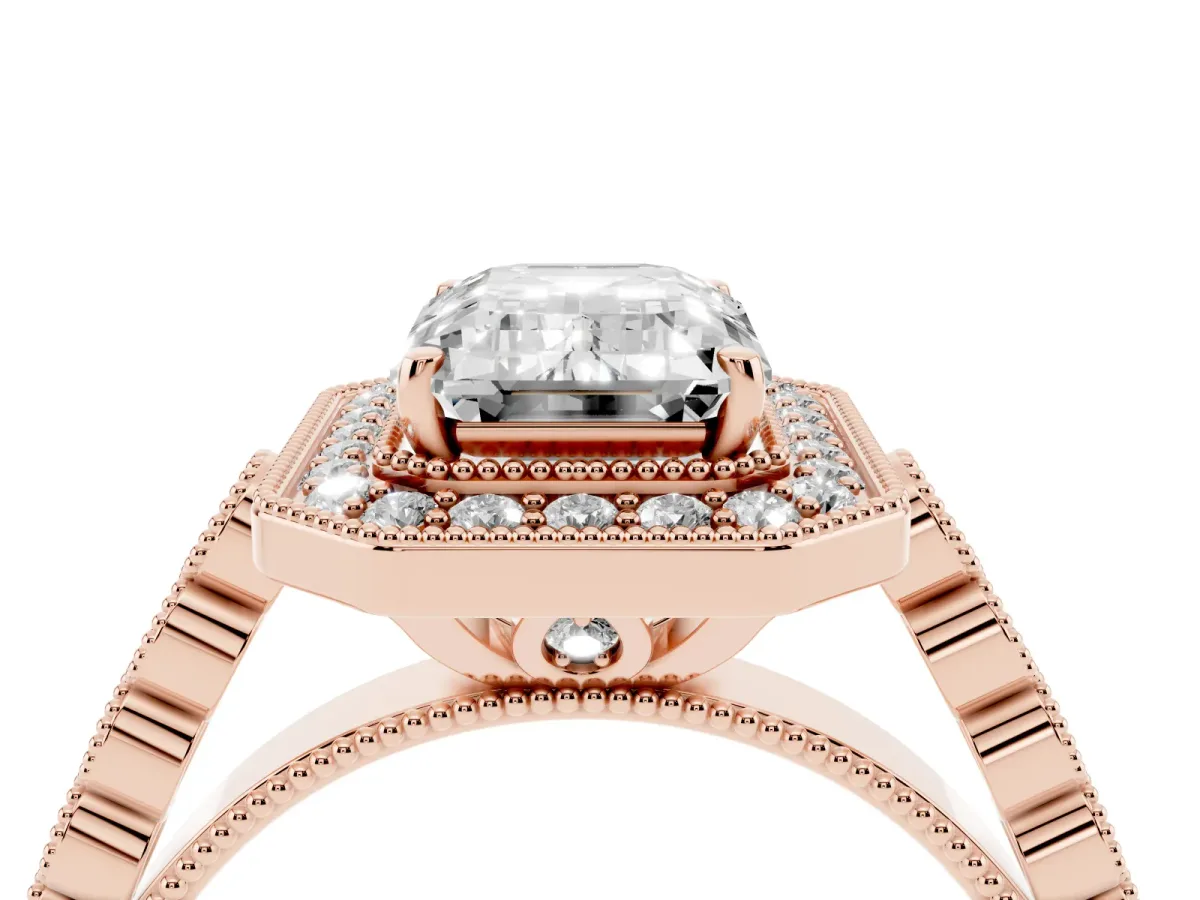 Emerald Cut Halo Milgrain Solitaire with Bezel Set Side Stones and Pave Band Rose gold