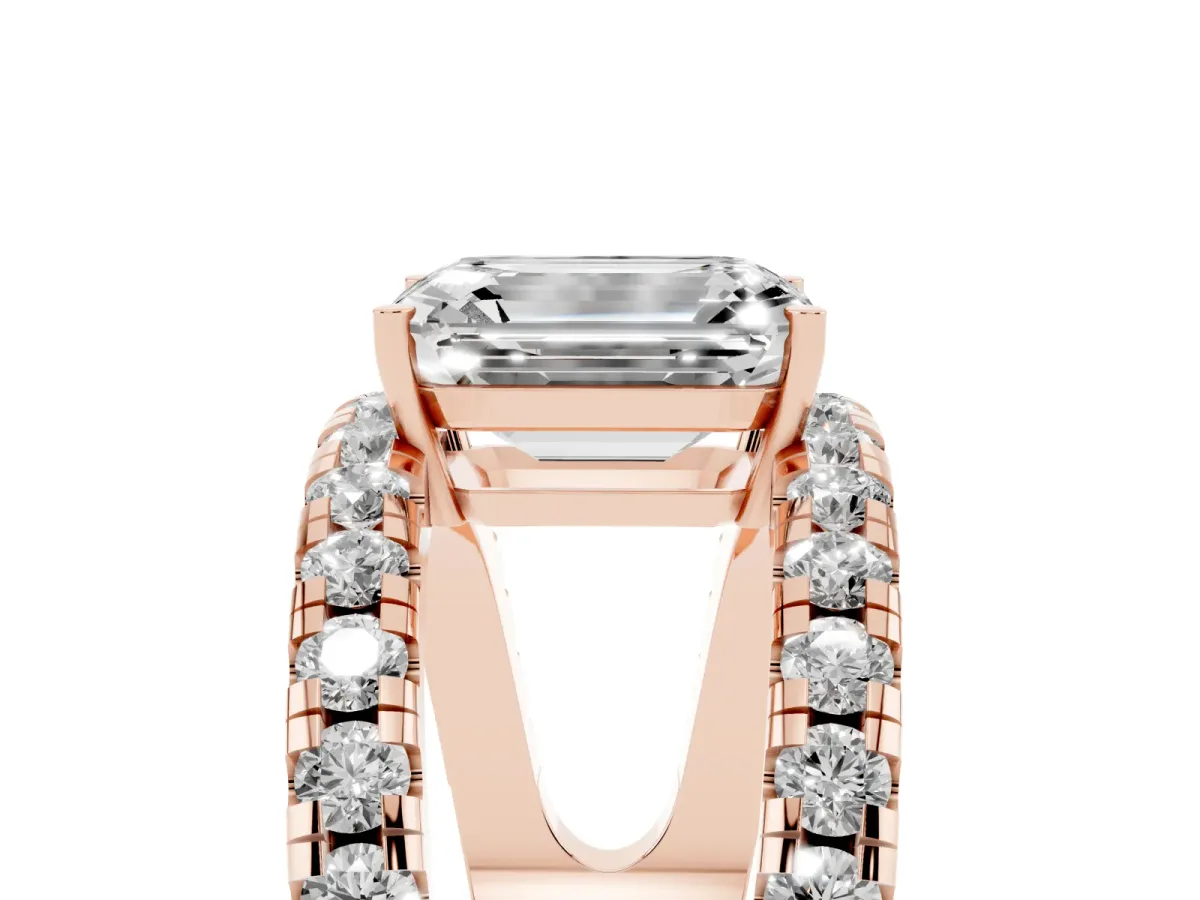 Emerald Cut Solitaire Split Shank Pave Diamond Ring Rose gold
