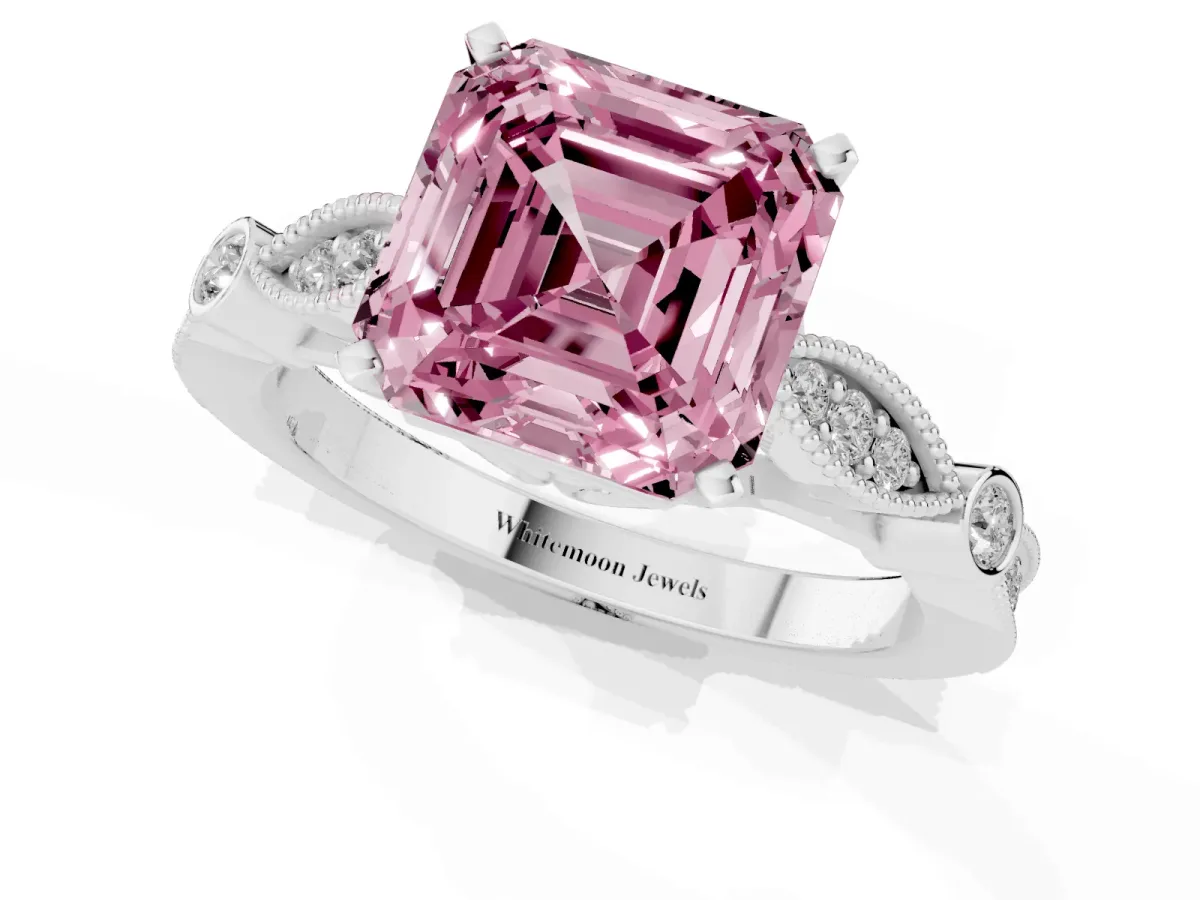 Fancy Pink Asscher Cut Cut Diamond with Milgrain Marquise and Bezel Accents on a Solitaire Band with Prong Setting Platinum