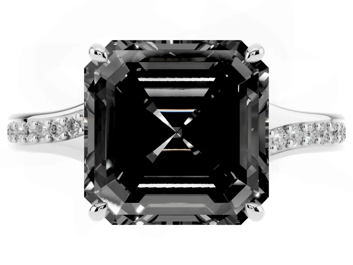 Fancy Black Asscher Cut Diamond Solitaire Ring with Pavé Band and Prong Setting Silver