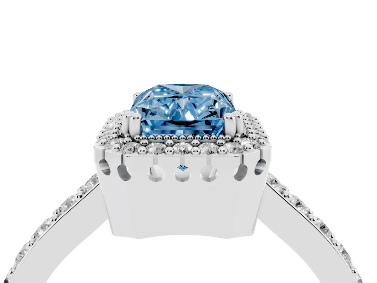 Fancy Blue Radiant Cut Cut Diamond Halo Engagement Ring with Milgrain Detail and Pavé Band Platinum
