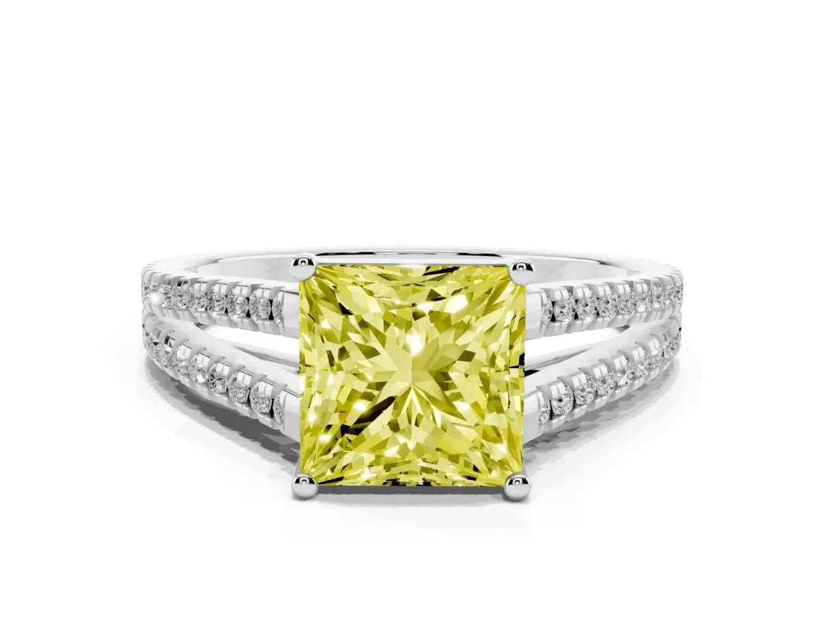 Fancy Yellow Princess Cut Diamond Solitaire Engagement Ring with Split Shank Pavé Band Platinum
