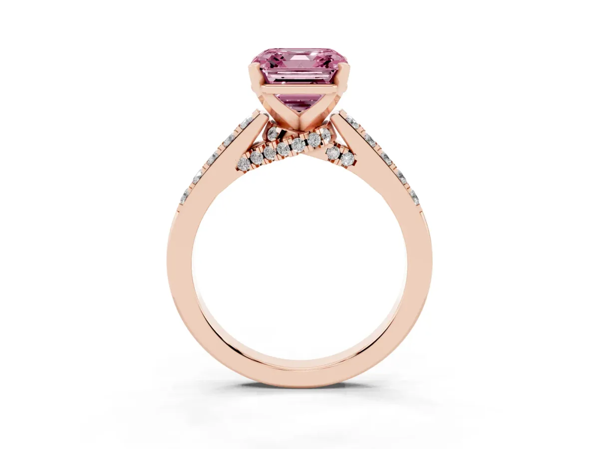 Fancy Pink Asscher Cut Diamond Solitaire Ring with Crossover Gallery and Round Pavé Band Rose gold
