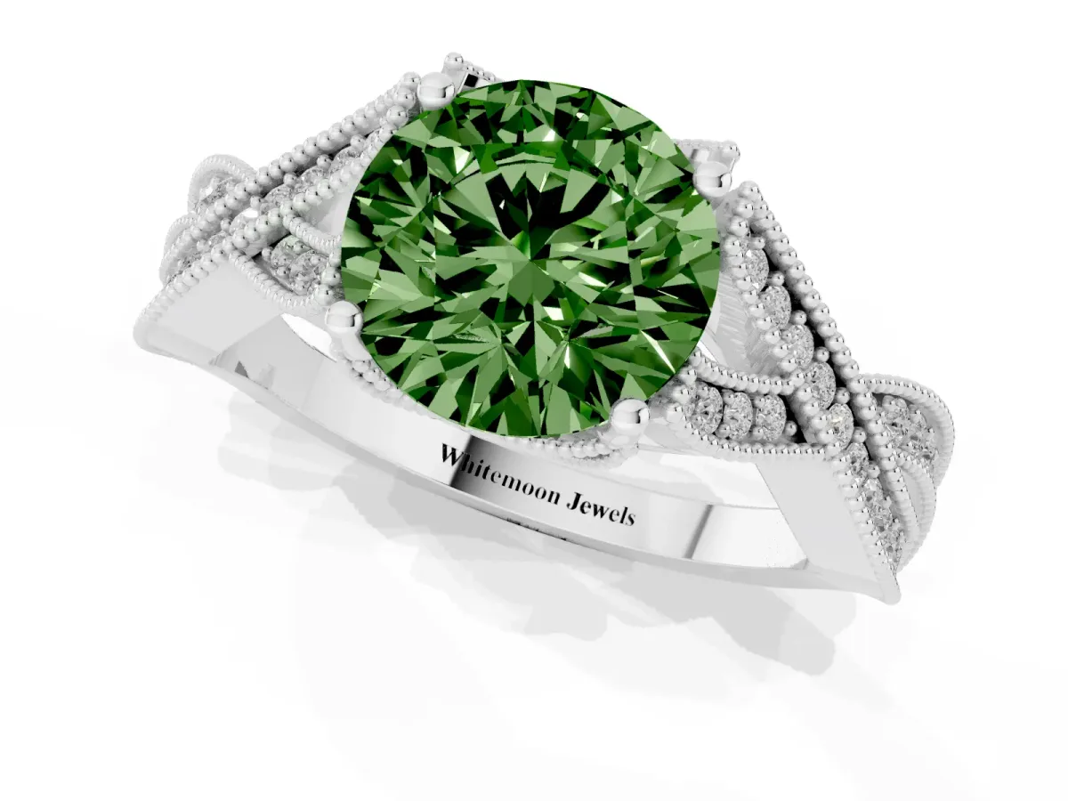 Fancy Green Round Cut Cut Diamond Twisted Band with Milgrain Pave Setting and Four-Prong Setting Silver