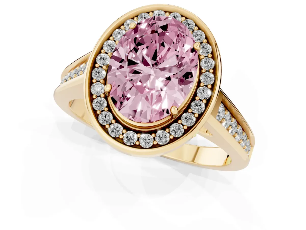 Fancy Pink Oval Cut Halo Solitaire Diamond Ring with Pave Band and Bezel Setting Yellow gold