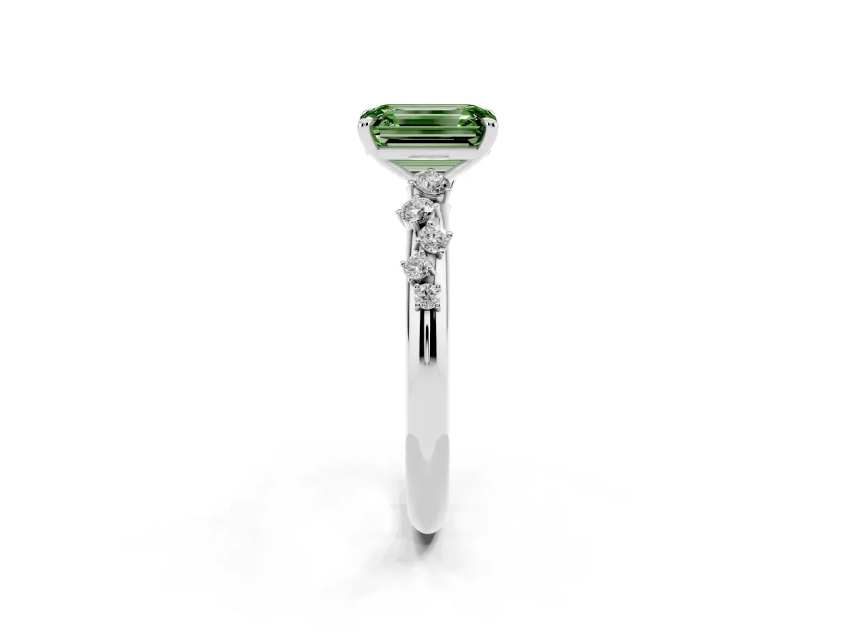 Fancy Green Emerald Cut Diamond Cluster Prong-Set Solitaire Ring White gold
