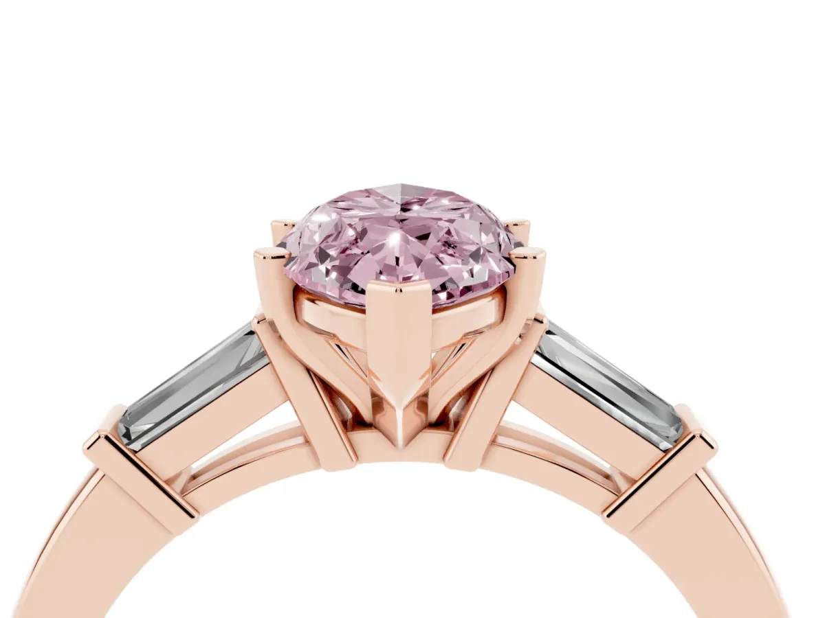 Fancy Pink Marquise Cut Cut Diamond Solitaire Ring with Tapered Baguette Accents and Four-Prong Setting Rose gold