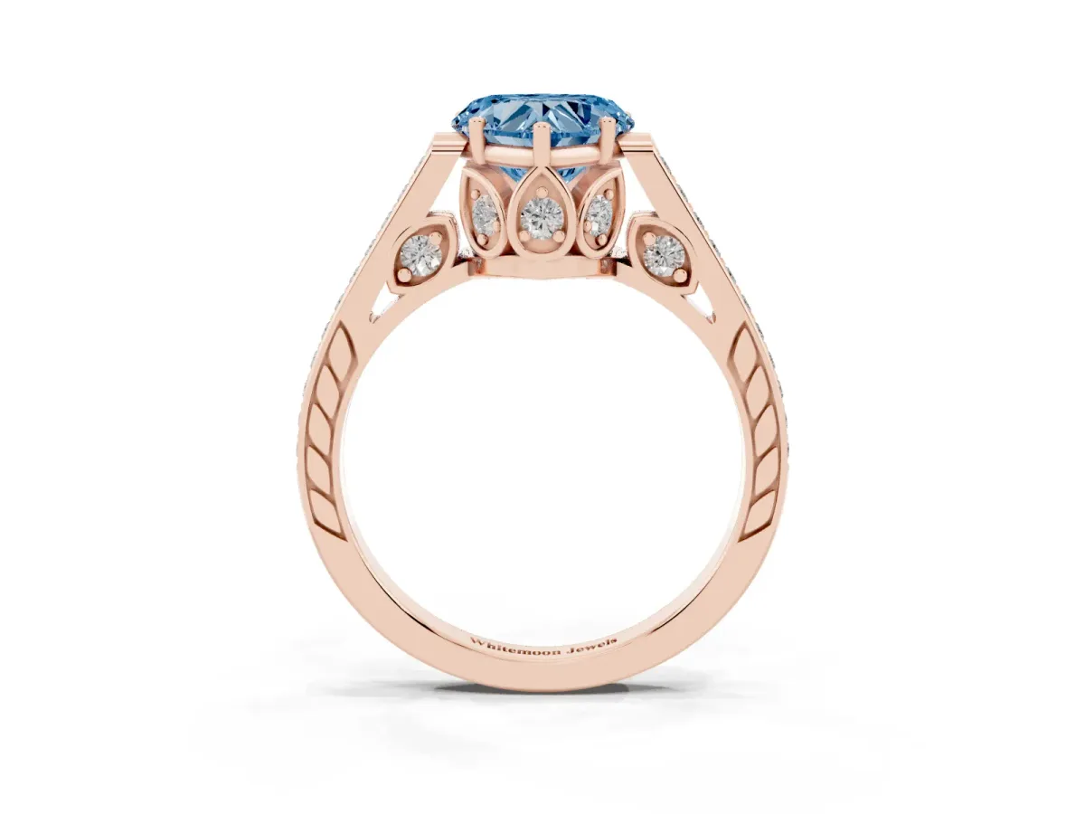 Fancy Blue Heart Cut Cut Cathedral Pave Diamond Engagement Ring with Six-Prong Setting Rose gold