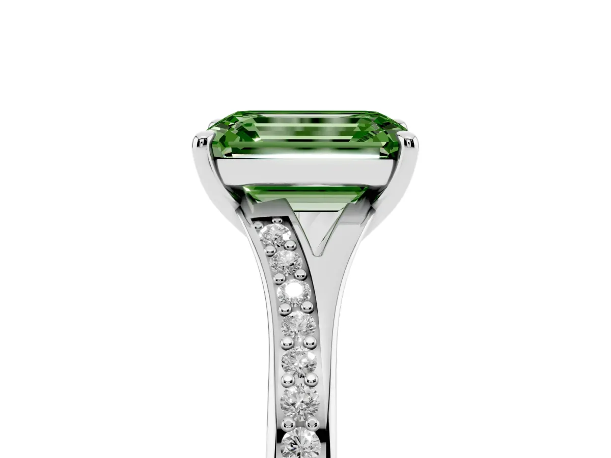 Fancy Green Emerald Cut Diamond Solitaire Ring with Pavé Band and Prong Setting Silver