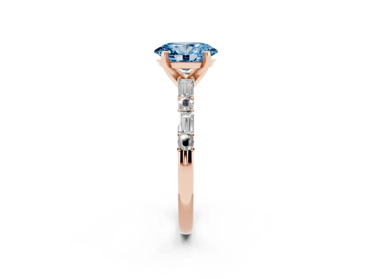 Fancy Blue Oval Cut Diamond Solitaire with Side Baguettes and Channel Set Band Rose gold