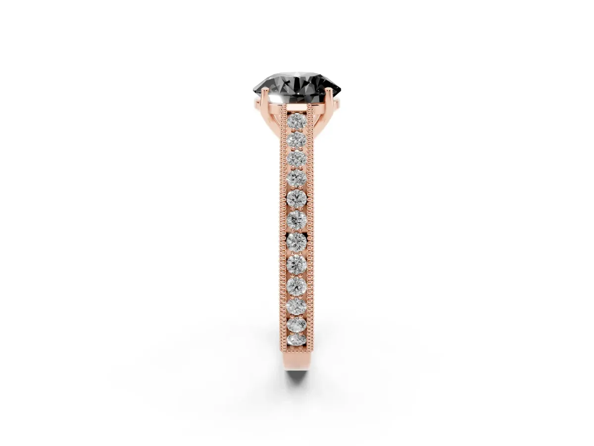 Fancy Black Round Cut Cut Pave Band Milgrain Solitaire Ring Rose gold