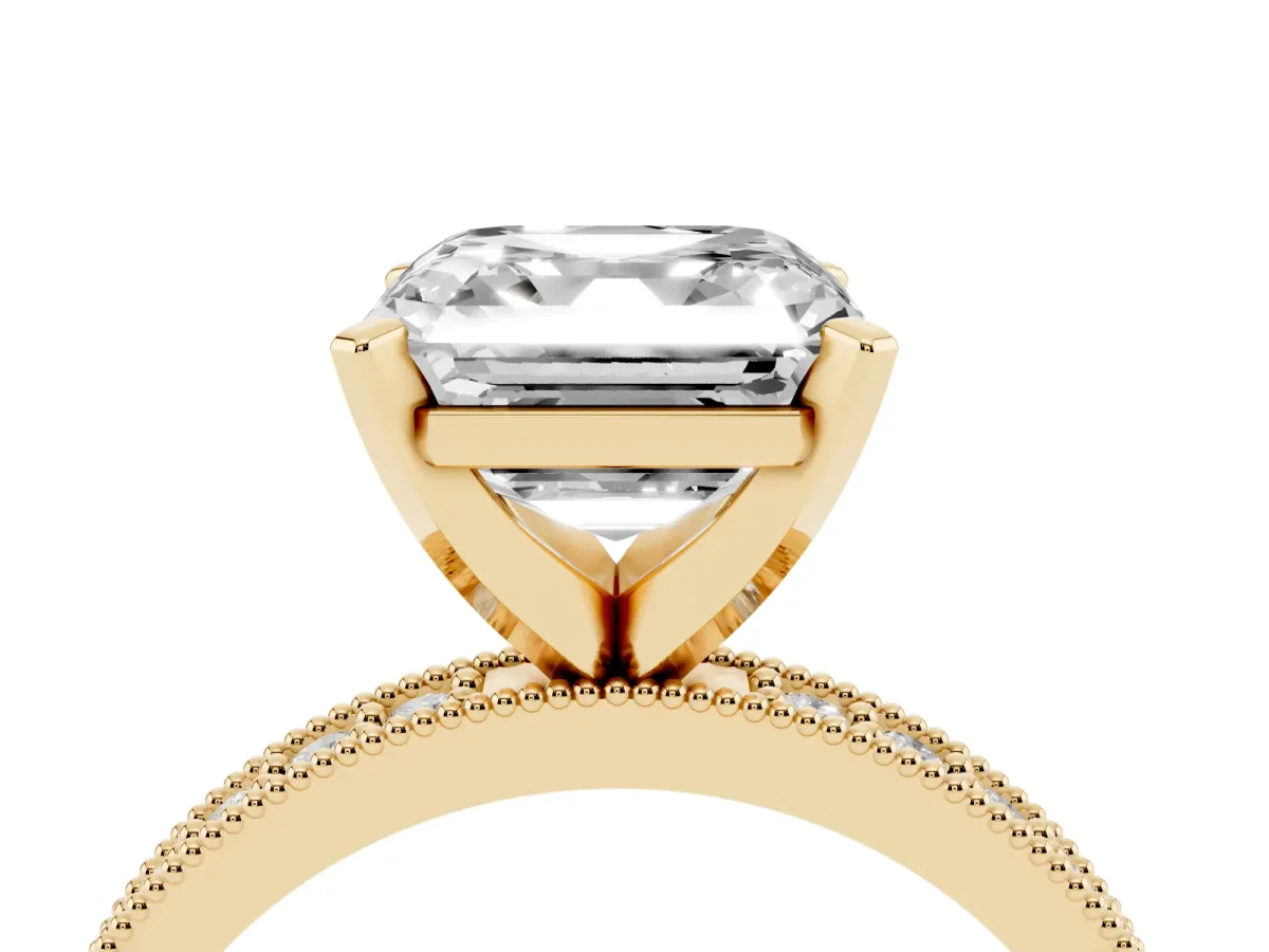 Asscher Cut Diamond Milgrain Pavé Engagement Ring with Four-Prong Setting Yellow gold