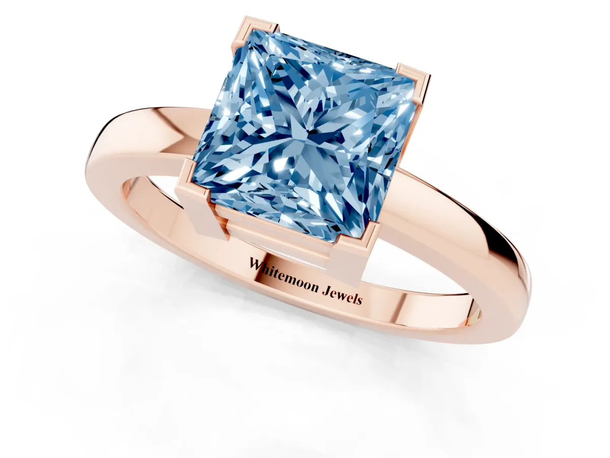 Fancy Blue Princess Cut Cut Solitaire Ring with Four-Prong Setting and Classic Band Rose gold