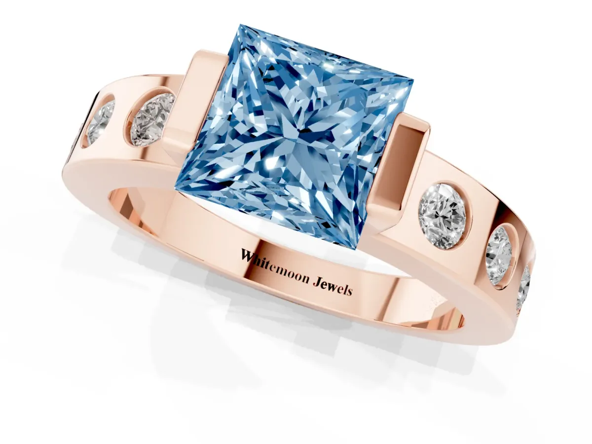 Fancy Blue Princess Cut Brilliant Channel-Set Diamond Ring with Bezel Prong Setting Rose gold