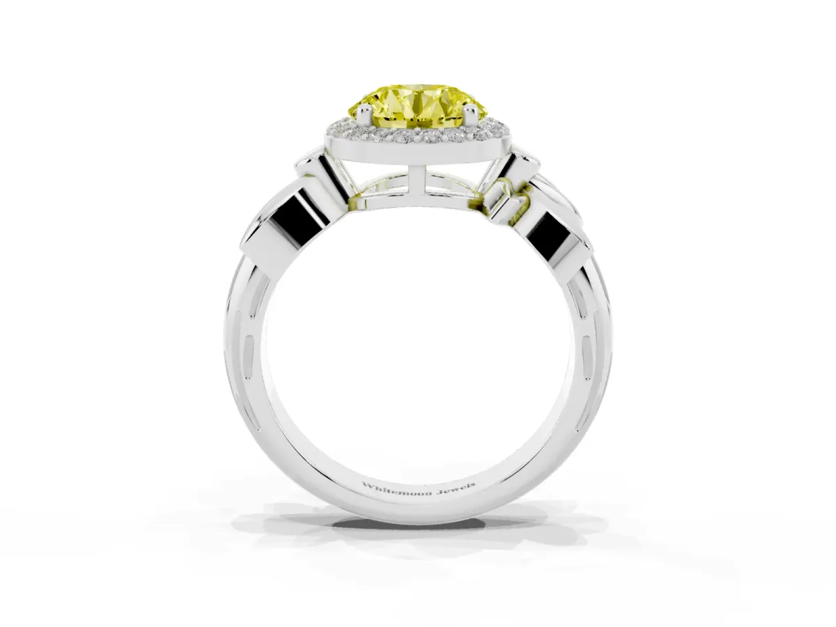 Fancy Yellow Round Cut Halo Diamond Floral Band with Four-Prong Setting White gold