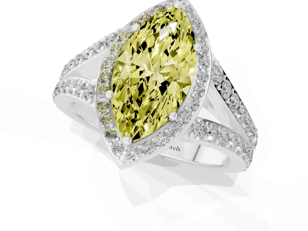Fancy Yellow Marquise Cut Diamond Split Shank Halo Ring with Four-Prong Setting Silver