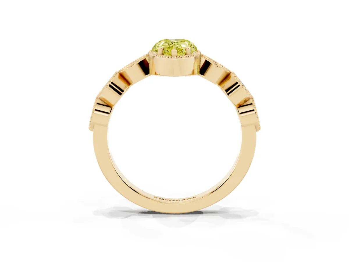 Fancy Yellow Pear Cut Diamond Vintage Milgrain Ring with Round Stations Yellow gold