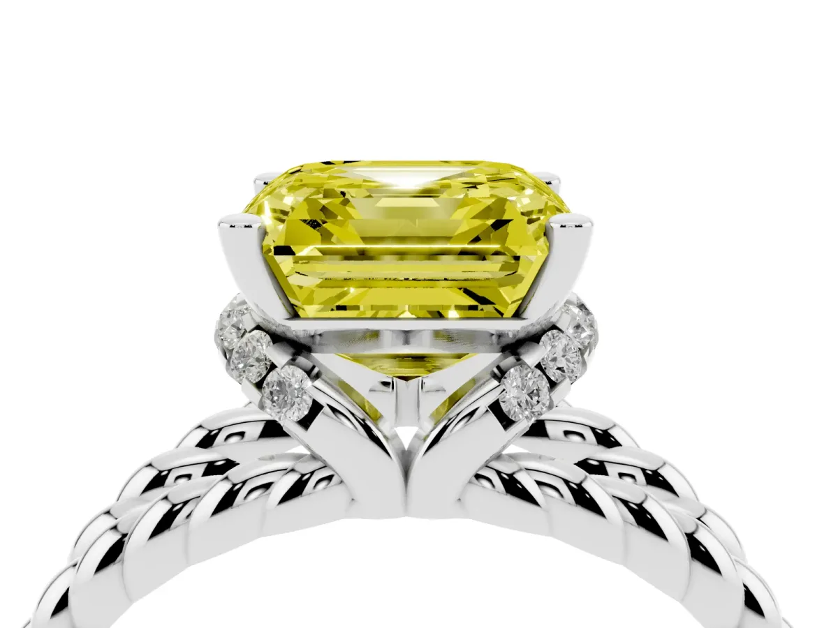 Fancy Yellow Asscher Cut Halo Twisted Band Four-Prong Ring Silver