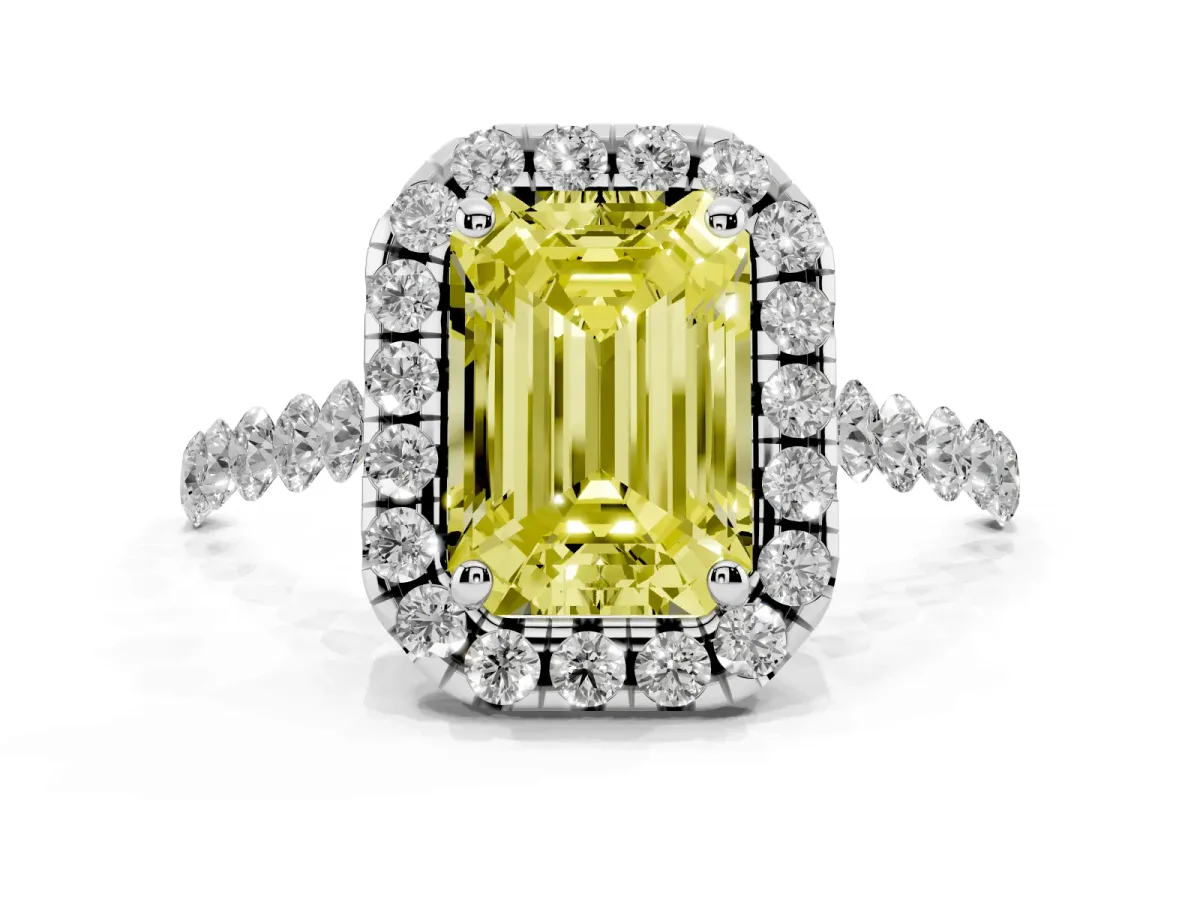 Fancy Yellow Emerald Cut Halo Pavé Diamond Engagement Ring with Four-Prong Setting White gold