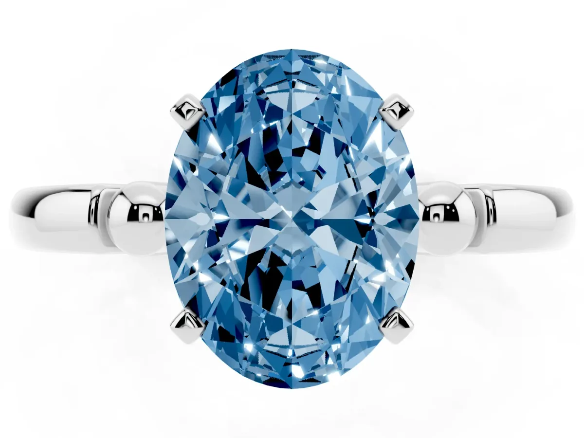 Fancy Blue Oval Cut Solitaire Beaded Band with Four-Prong Setting White gold