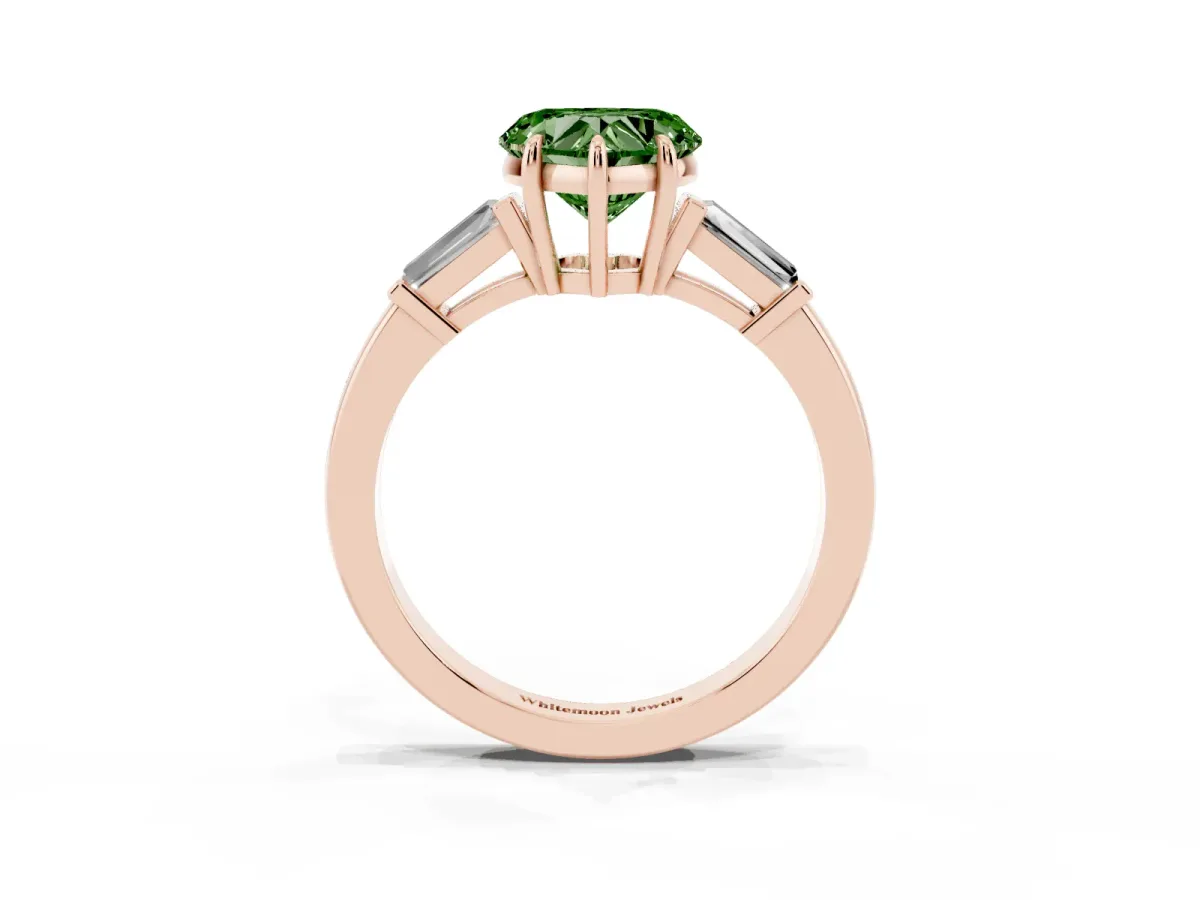 Fancy Green Heart Cut Diamond Three-Stone Ring with Tapered Baguette Side Stones and Prong Setting Rose gold