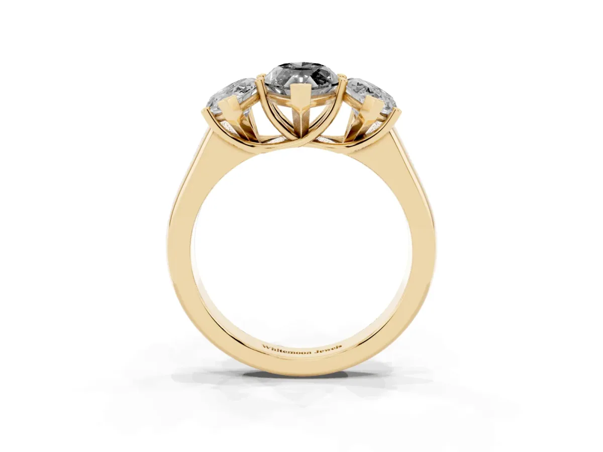 Fancy Black Marquise Cut Three-Stone Diamond Ring with Prong Setting on a Classic Band Yellow gold