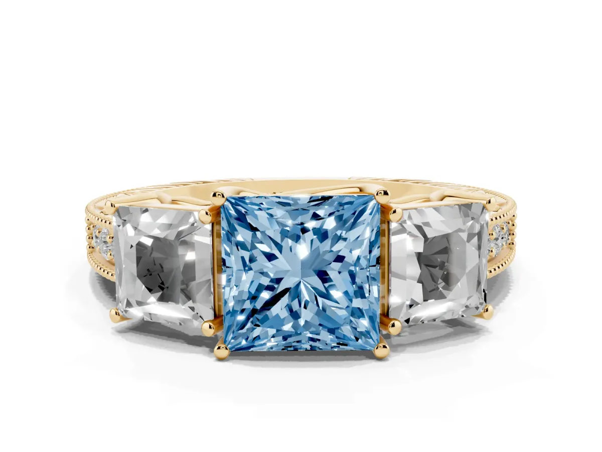 Fancy Blue Three-Stone Princess Cut Cut Milgrain Pavé Engagement Ring Yellow gold