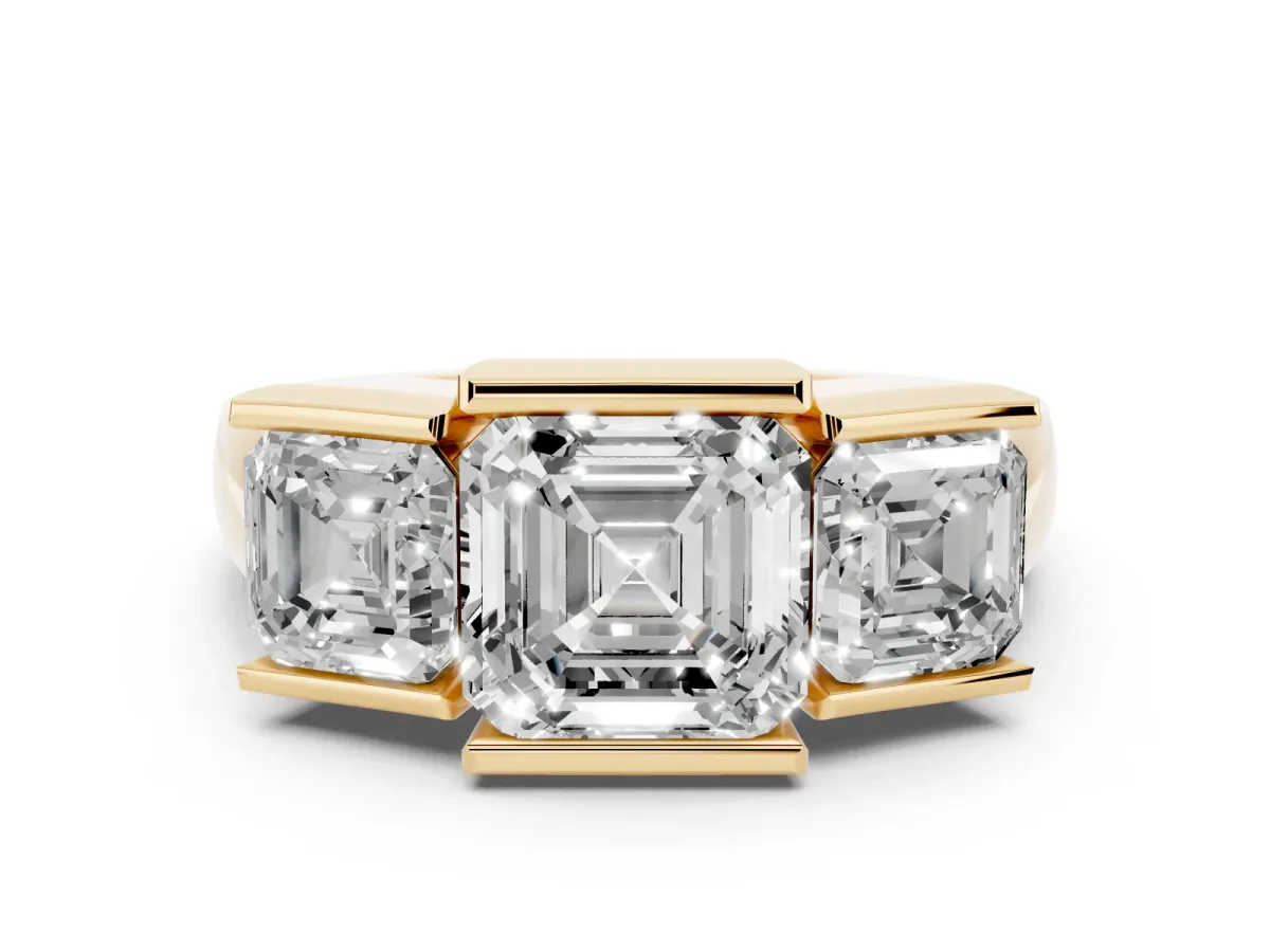 Three Stone Asscher Cut Cut Channel Set Diamond Ring Yellow gold