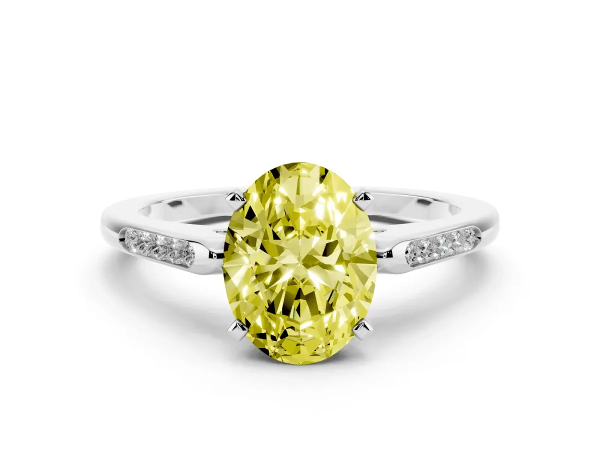 Fancy Yellow Oval Cut Diamond Solitaire Ring with Channel Set Round Band and Prong Setting Silver